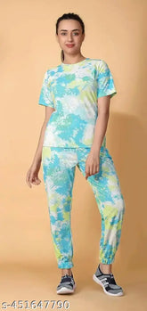 Green tie-dye women's pajama set, polyester top & bottom, limited stock, Indian craftsmanship